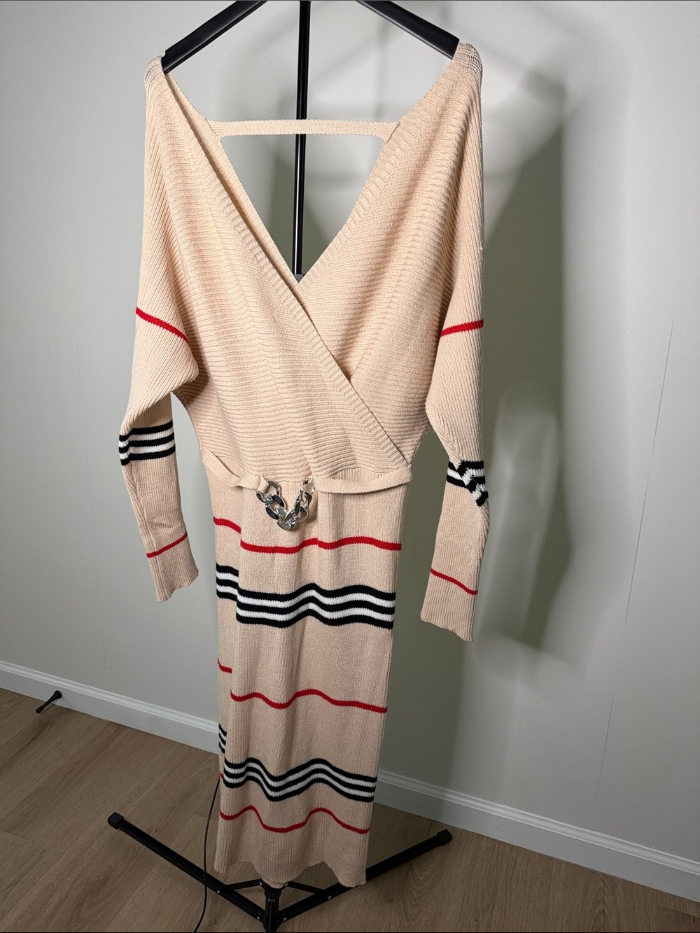 Beige Striped Knit Wrap Dress with Chain Detail
